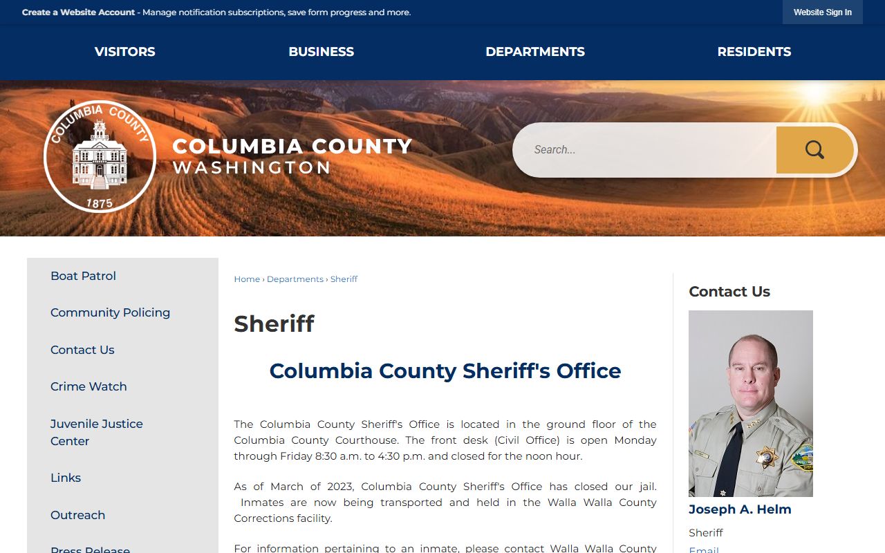 Columbia County inmate population sheriff page with Walla Walla jail notice