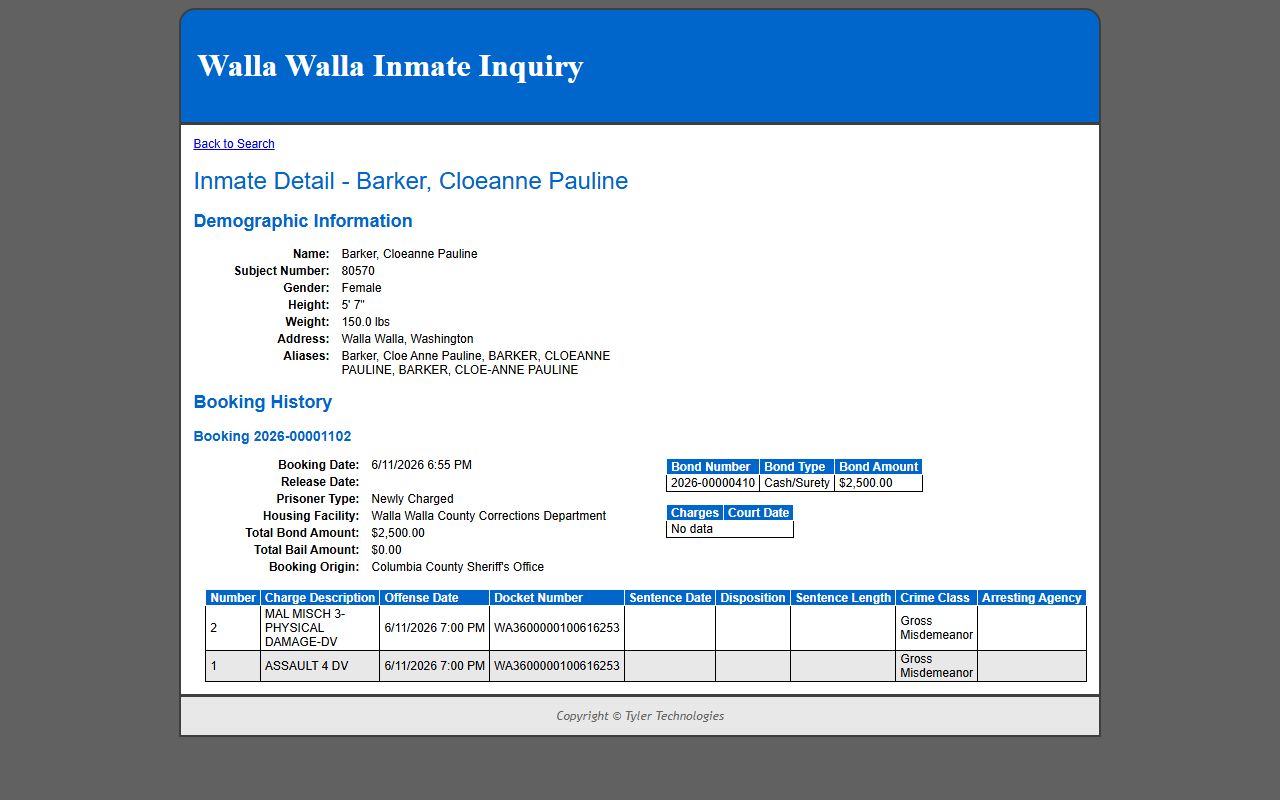 Columbia County jail mugshots sample roster detail without booking photo